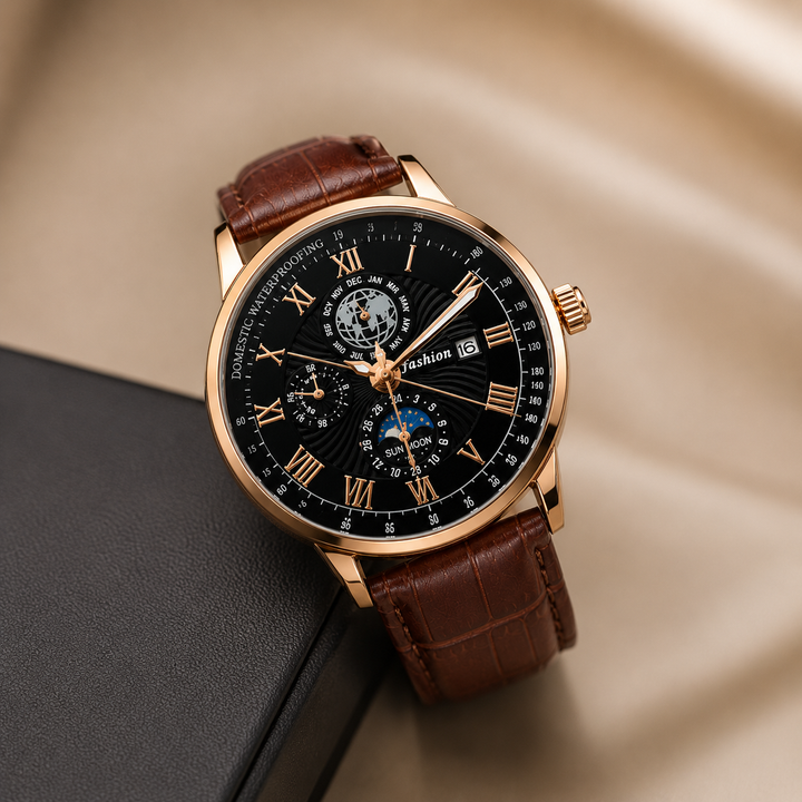 Reloj analógico redondo color café con diseño elegante, esfera de fácil lectura, acabado sofisticado y estilo versátil para uso diario o formal.