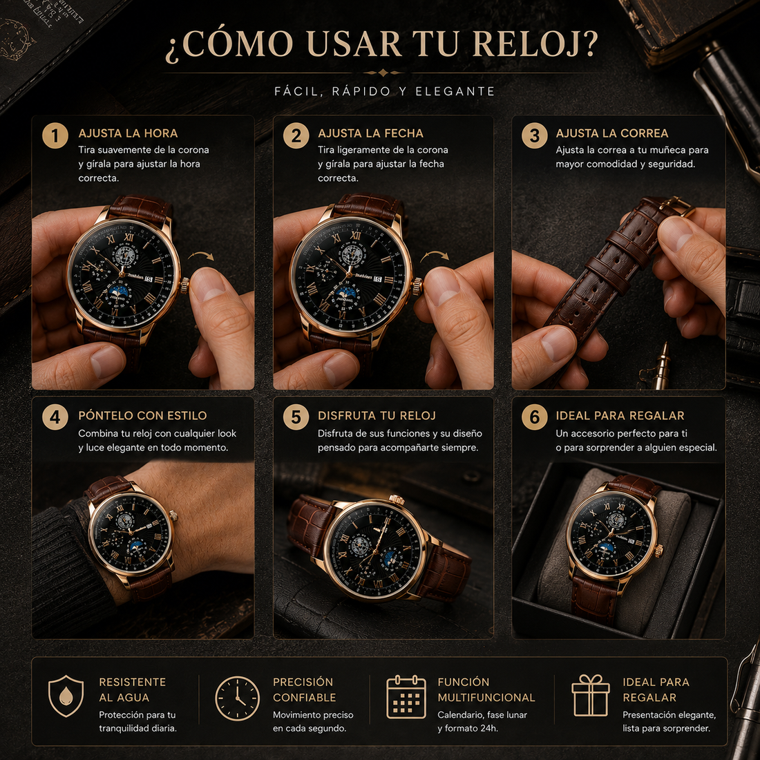 Reloj analógico redondo color café con diseño elegante, esfera de fácil lectura, acabado sofisticado y estilo versátil para uso diario o formal.