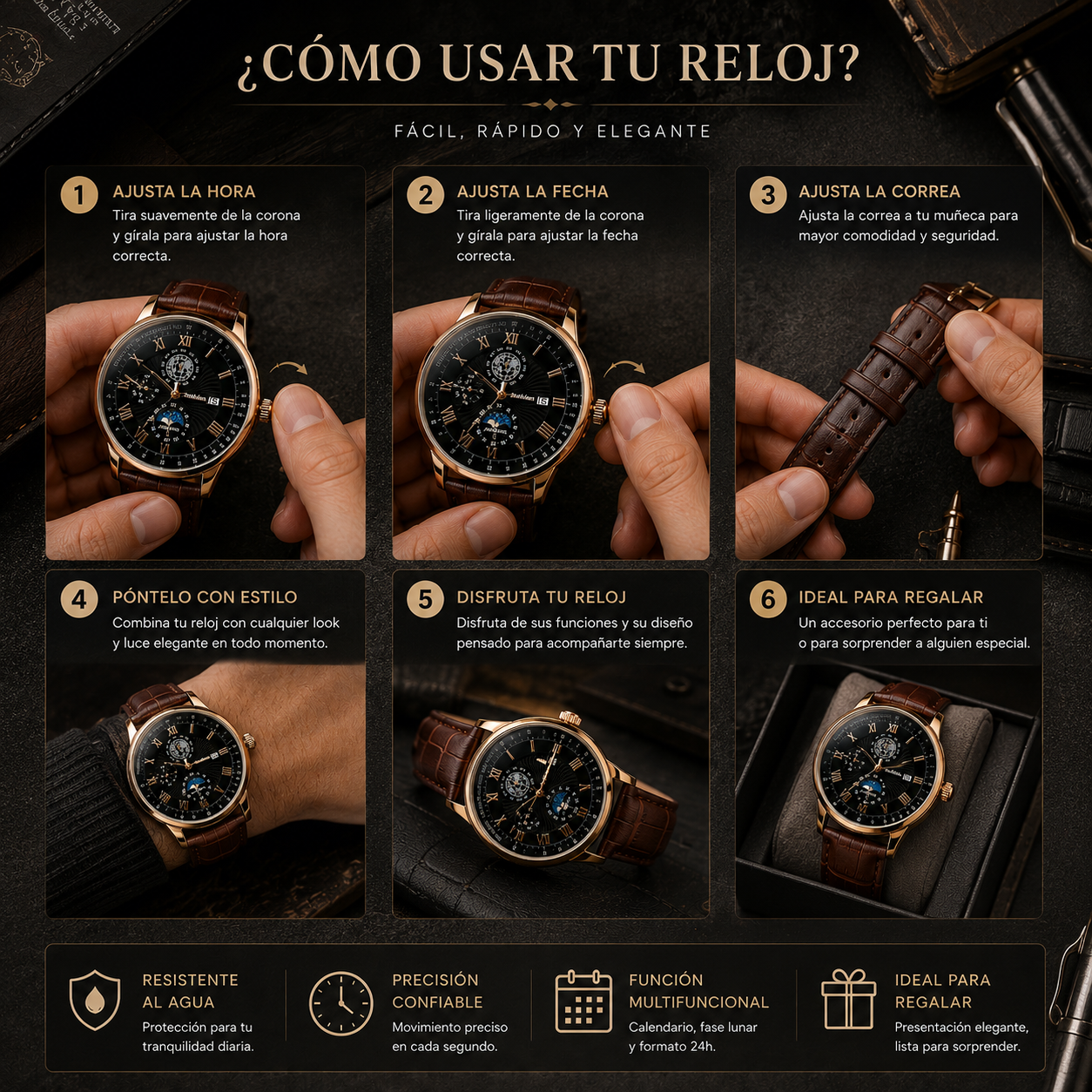 Reloj analógico redondo color café con diseño elegante, esfera de fácil lectura, acabado sofisticado y estilo versátil para uso diario o formal.