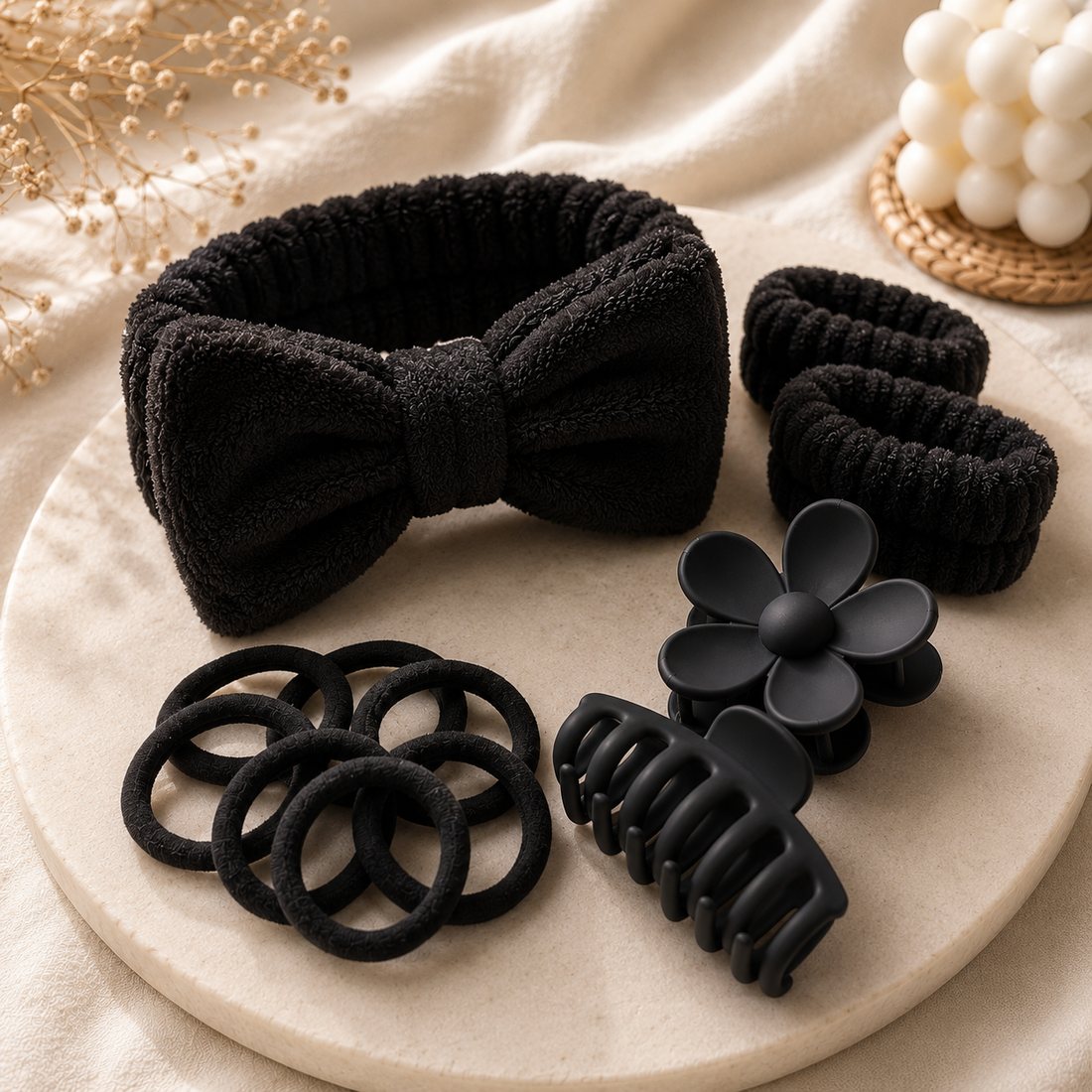 Kit de accesorios para el cabello color morado con scrunchie, pinzas, ligas y ganchos para peinados de niña o mujer
