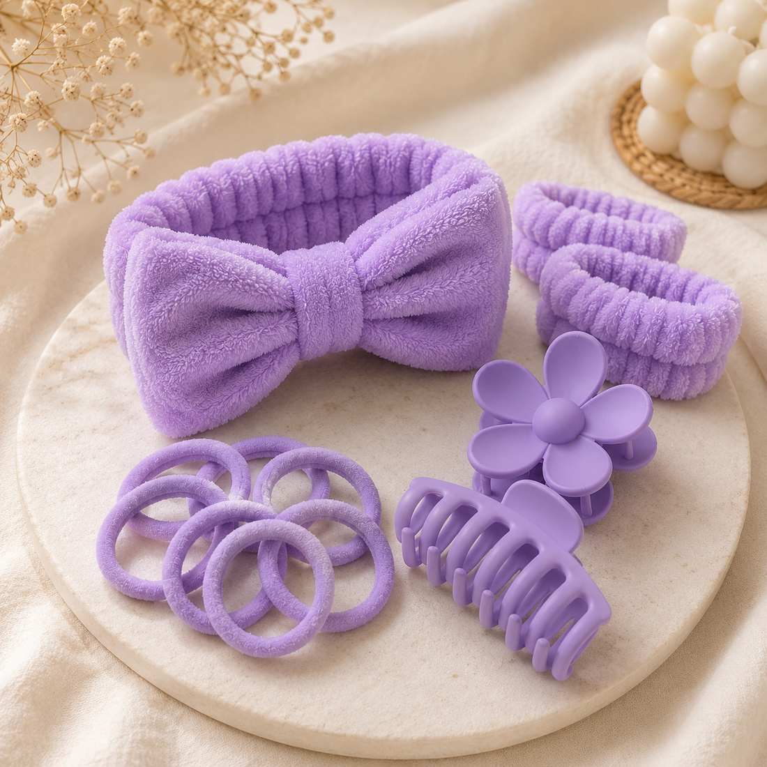 Kit de accesorios para el cabello color morado con scrunchie, pinzas, ligas y ganchos para peinados de niña o mujer