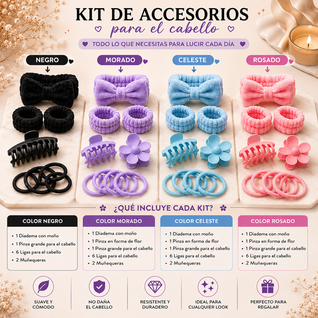 Kit de accesorios para el cabello color morado con scrunchie, pinzas, ligas y ganchos para peinados de niña o mujer