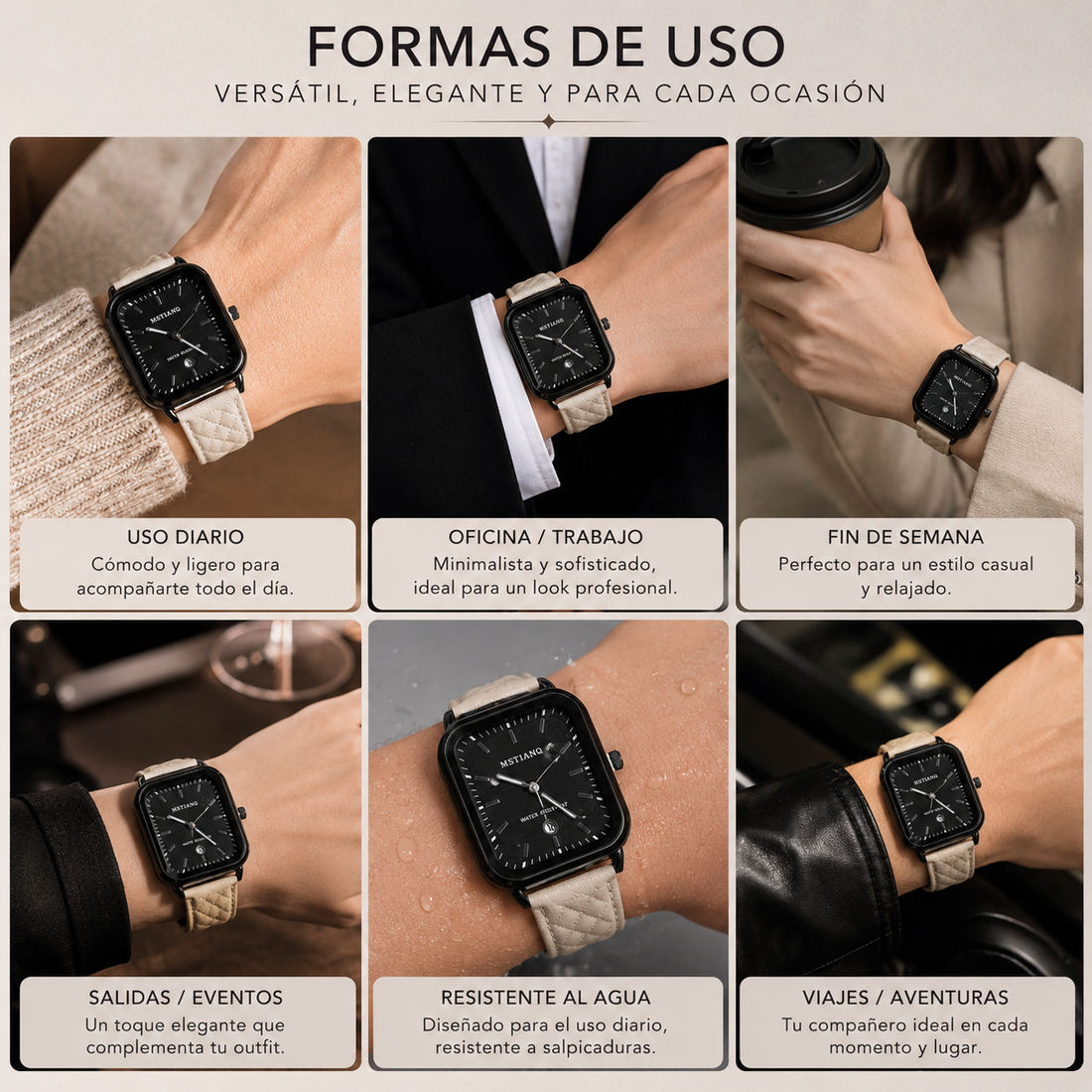 Reloj analógico cuadrado color blanco con diseño elegante y moderno, esfera de fácil lectura y estilo versátil para uso diario o ocasiones formales.