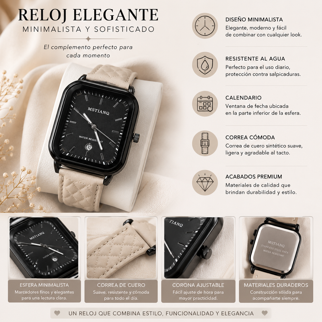 Reloj analógico cuadrado color blanco con diseño elegante y moderno, esfera de fácil lectura y estilo versátil para uso diario o ocasiones formales.