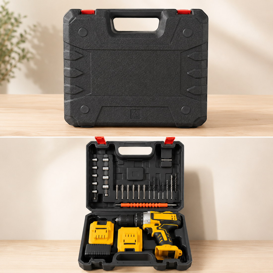 Kit de taladro inalámbrico con maletín organizador abierto que incluye taladro recargable, dos baterías, cargador, brocas, puntas para destornillador y accesorios para perforar y atornillar en proyectos de hogar, taller y bricolaje.