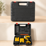 Kit de taladro inalámbrico con maletín organizador abierto que incluye taladro recargable, dos baterías, cargador, brocas, puntas para destornillador y accesorios para perforar y atornillar en proyectos de hogar, taller y bricolaje.
