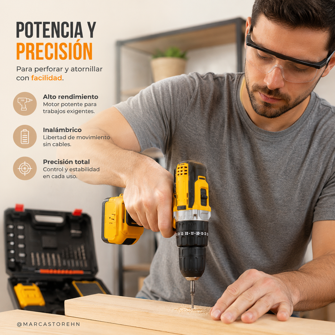 Kit de taladro inalámbrico con maletín organizador abierto que incluye taladro recargable, dos baterías, cargador, brocas, puntas para destornillador y accesorios para perforar y atornillar en proyectos de hogar, taller y bricolaje.