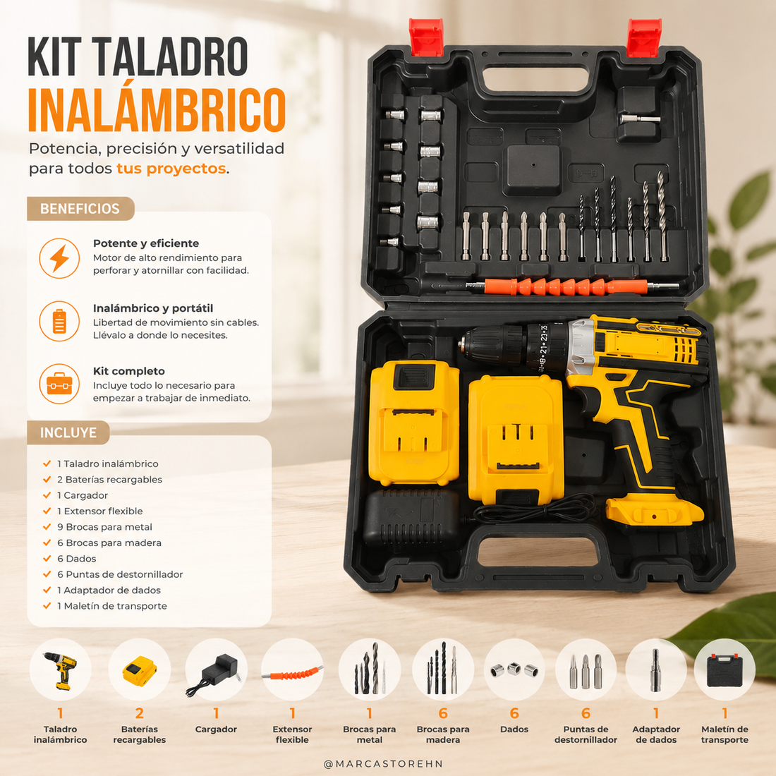 Kit de taladro inalámbrico con maletín organizador abierto que incluye taladro recargable, dos baterías, cargador, brocas, puntas para destornillador y accesorios para perforar y atornillar en proyectos de hogar, taller y bricolaje.
