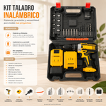 Kit de taladro inalámbrico con maletín organizador abierto que incluye taladro recargable, dos baterías, cargador, brocas, puntas para destornillador y accesorios para perforar y atornillar en proyectos de hogar, taller y bricolaje.
