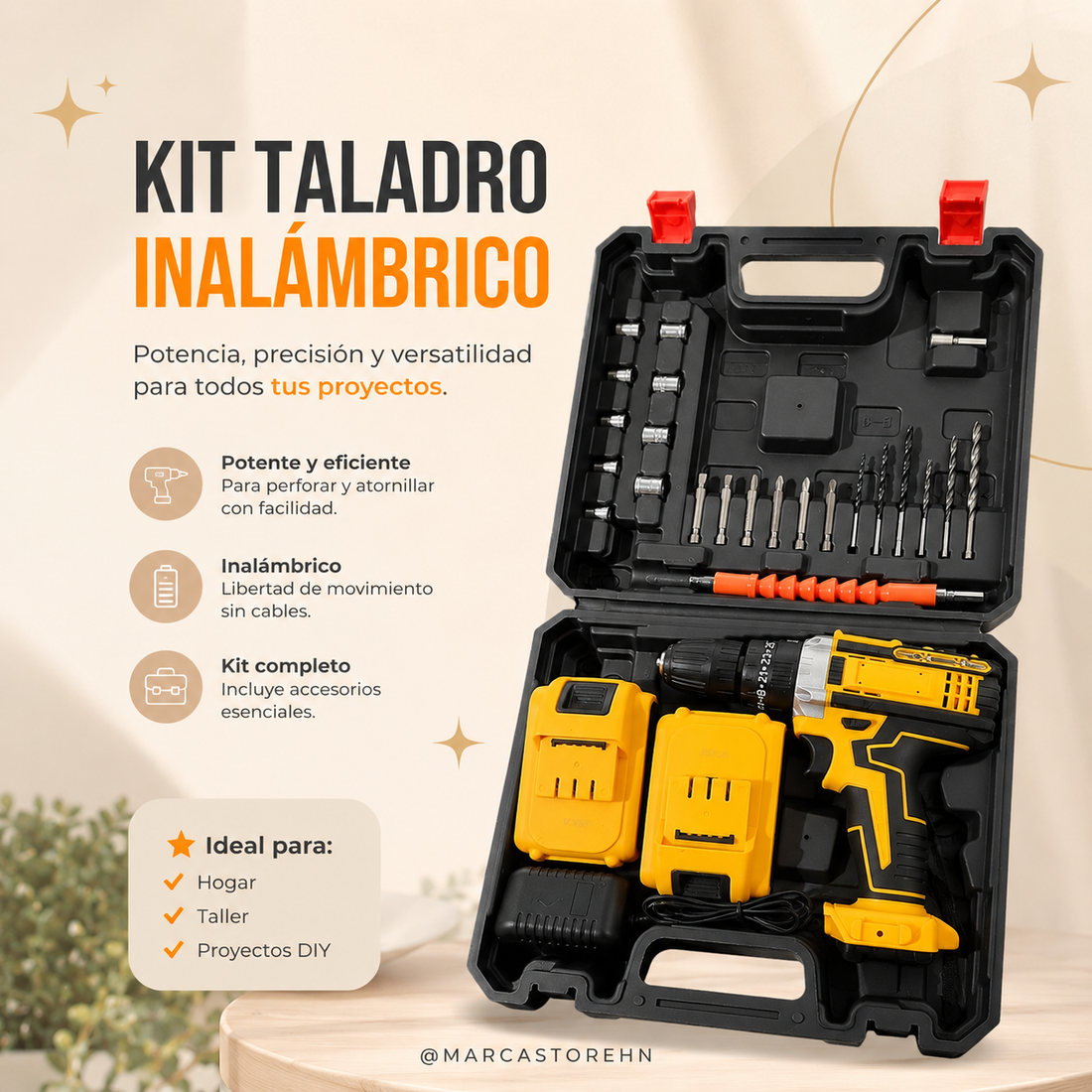 Kit de taladro inalámbrico con maletín organizador abierto que incluye taladro recargable, dos baterías, cargador, brocas, puntas para destornillador y accesorios para perforar y atornillar en proyectos de hogar, taller y bricolaje.