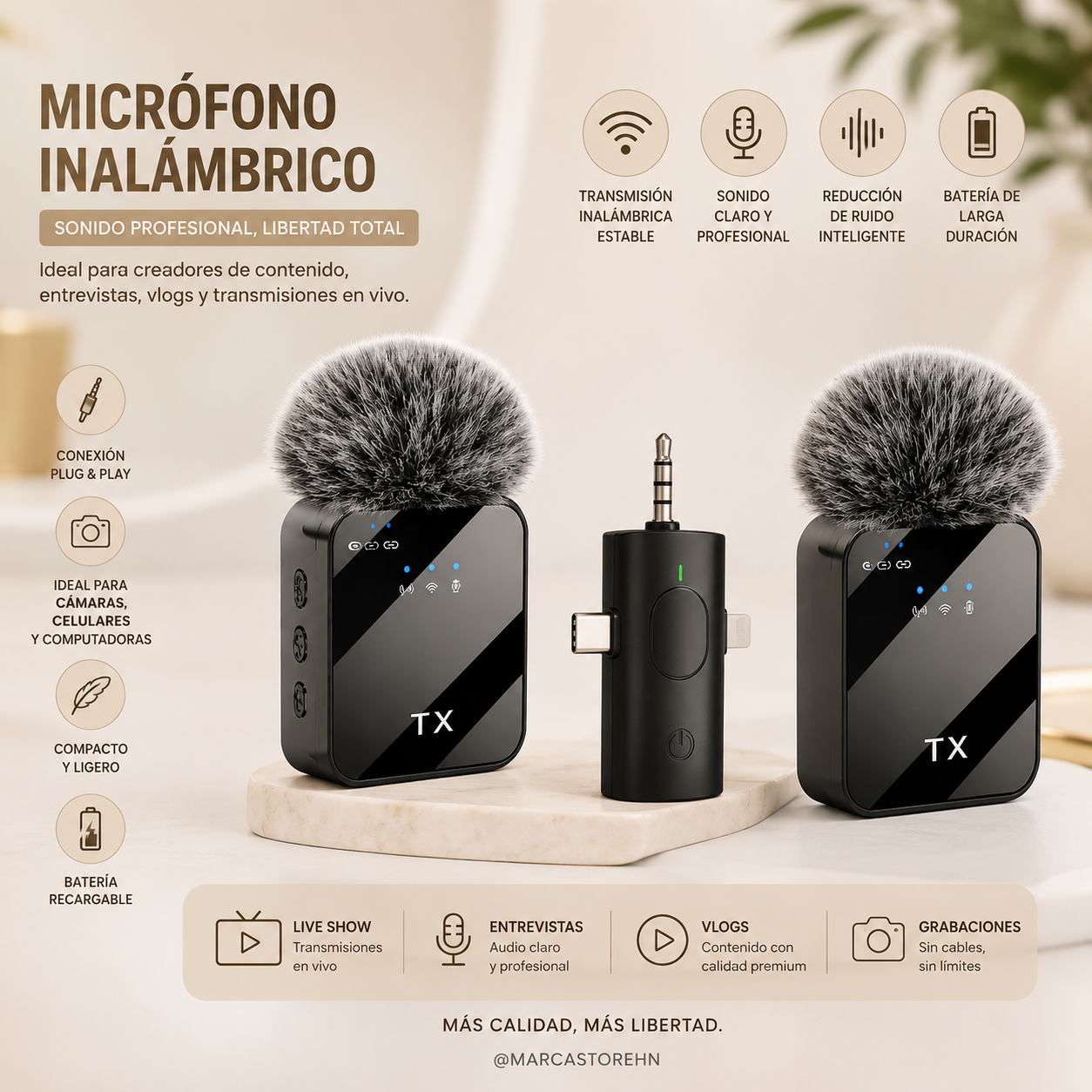 🎤 MICRÓFONO INALÁMBRICO

✅ Sonido profesional de alta calidad
✅ Transmisión inalámbrica estable
✅ Reducción inteligente de ruido
✅ Conexión rápida Plug & Play
✅ Compatible con celulares, cámaras y computadoras
✅ Audio claro para entrevistas y videollamadas
✅ Ideal para creadores de contenido y streamers
✅ Diseño compacto, ligero y portátil
✅ Batería recargable de larga duración
✅ Alcance inalámbrico confiable
✅ Perfecto para vlogs, podcasts y transmisiones en vivo
✅ Fácil de usar, sin configuraciones compl