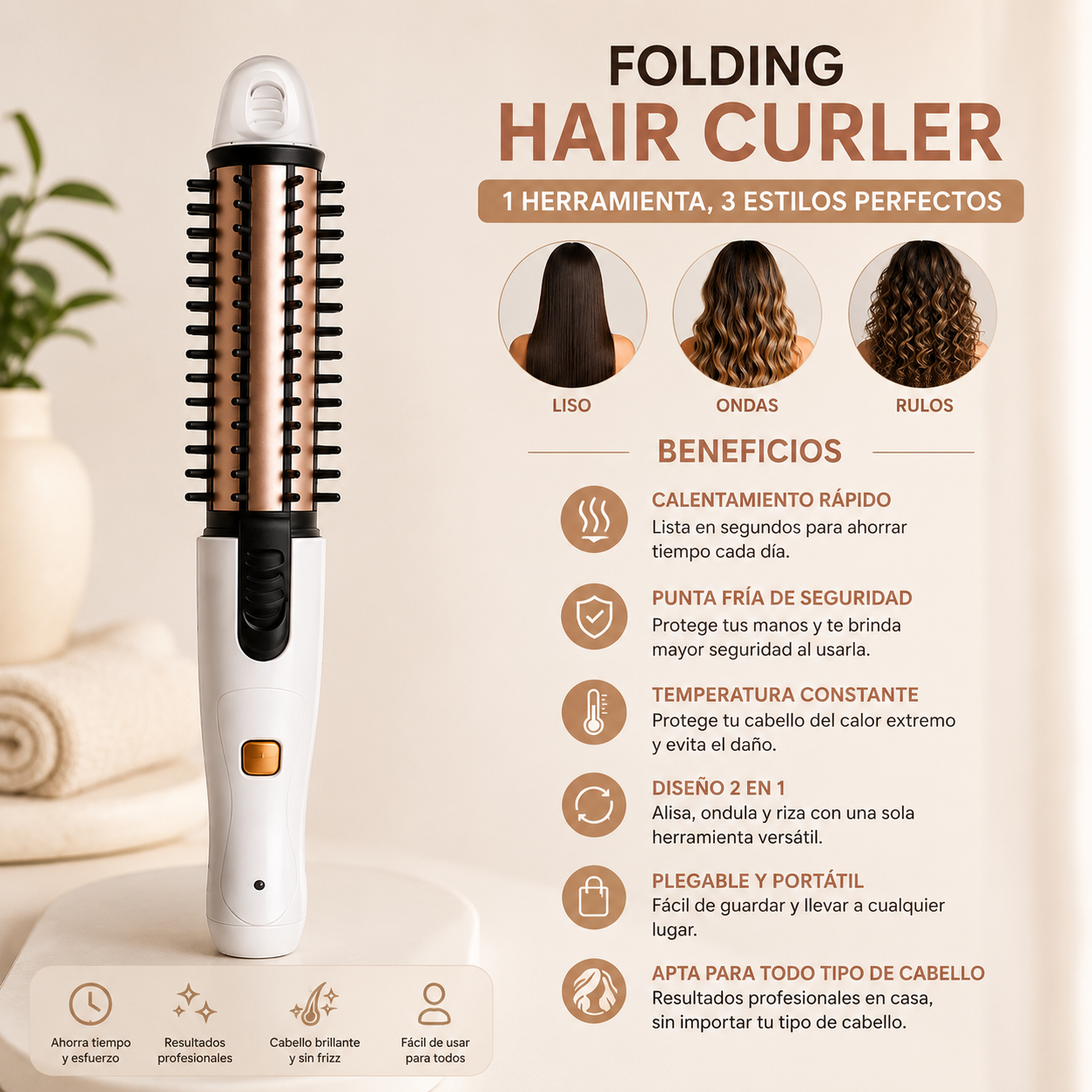 Cepillo rizador eléctrico para cabello diseñado para crear rizos y ondas con facilidad, ayudando a dar volumen, forma y estilo al cabello de manera práctica para uso diario en casa.
