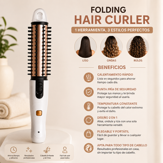 Cepillo rizador eléctrico para cabello diseñado para crear rizos y ondas con facilidad, ayudando a dar volumen, forma y estilo al cabello de manera práctica para uso diario en casa.