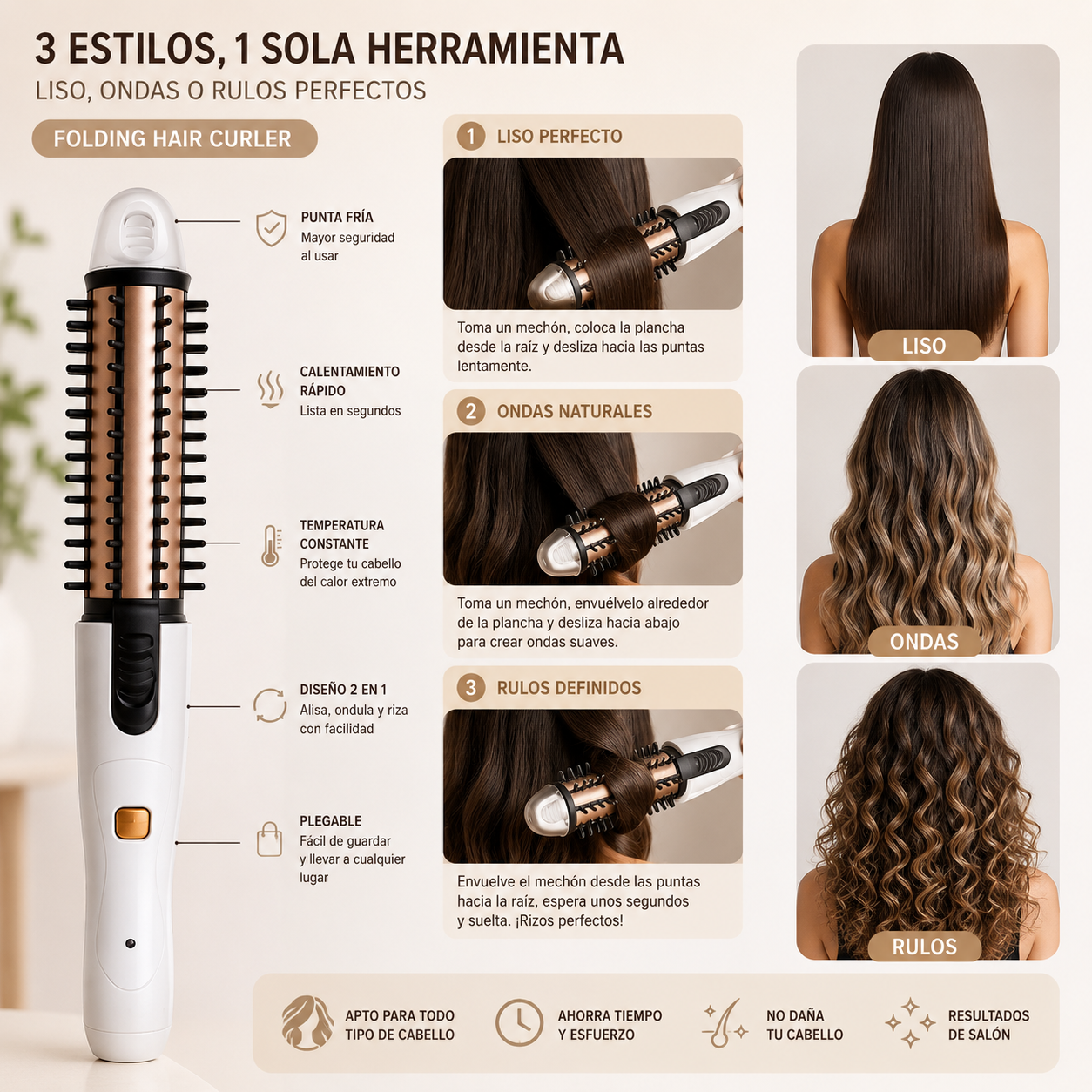 Cepillo rizador eléctrico para cabello diseñado para crear rizos y ondas con facilidad, ayudando a dar volumen, forma y estilo al cabello de manera práctica para uso diario en casa.