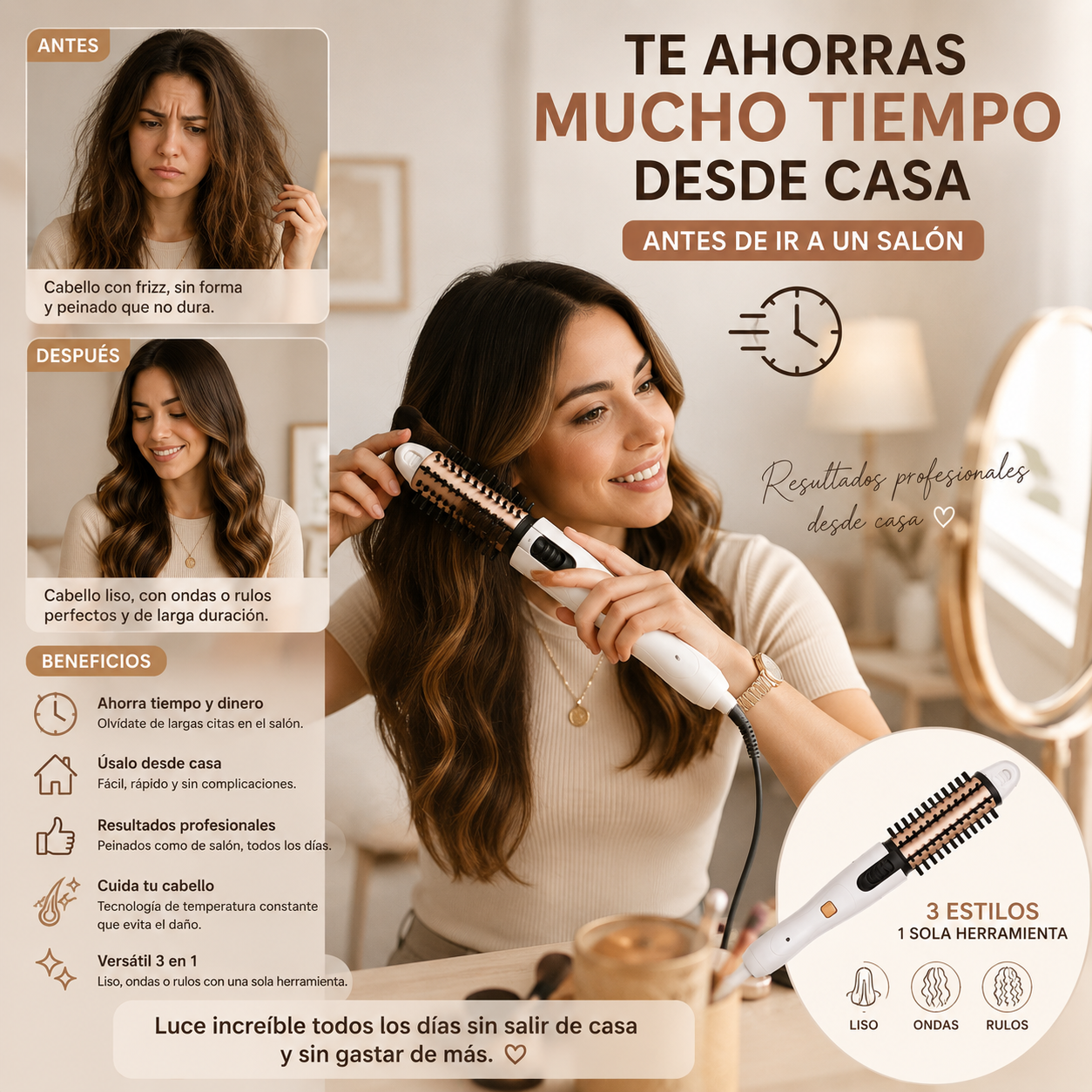 Cepillo rizador eléctrico para cabello diseñado para crear rizos y ondas con facilidad, ayudando a dar volumen, forma y estilo al cabello de manera práctica para uso diario en casa.