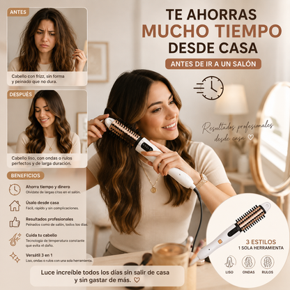 Cepillo rizador eléctrico para cabello diseñado para crear rizos y ondas con facilidad, ayudando a dar volumen, forma y estilo al cabello de manera práctica para uso diario en casa.