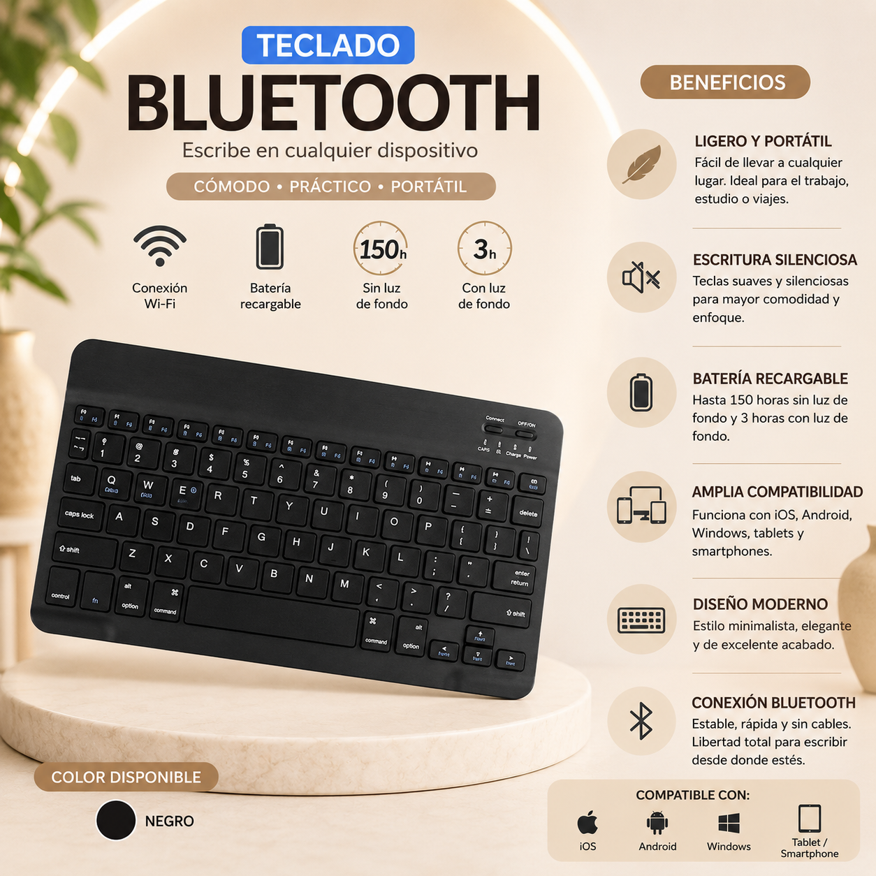 Teclado inalámbrico Bluetooth recargable color negro con teclas multimedia, compatible con Android, iOS y Windows, diseño compacto y portátil para trabajo, estudio y uso diario.