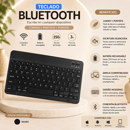 Teclado inalámbrico Bluetooth recargable color negro con teclas multimedia, compatible con Android, iOS y Windows, diseño compacto y portátil para trabajo, estudio y uso diario.