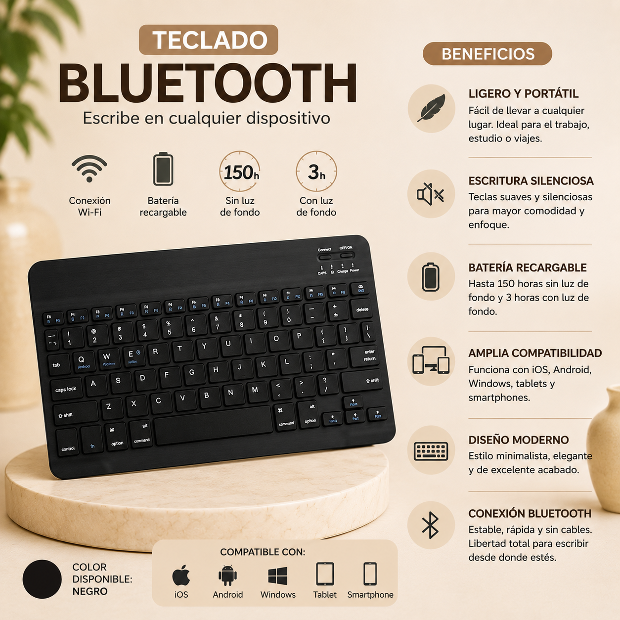 Teclado inalámbrico Bluetooth recargable color negro con teclas multimedia, compatible con Android, iOS y Windows, diseño compacto y portátil para trabajo, estudio y uso diario.