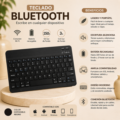Teclado inalámbrico Bluetooth recargable color negro con teclas multimedia, compatible con Android, iOS y Windows, diseño compacto y portátil para trabajo, estudio y uso diario.