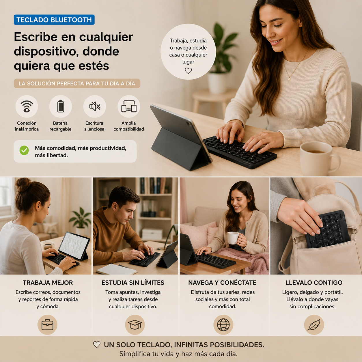 Teclado inalámbrico Bluetooth recargable color negro con teclas multimedia, compatible con Android, iOS y Windows, diseño compacto y portátil para trabajo, estudio y uso diario.