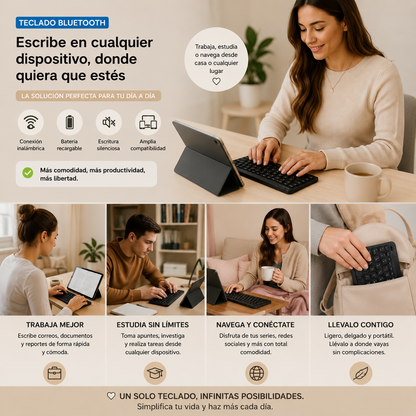 Teclado inalámbrico Bluetooth recargable color negro con teclas multimedia, compatible con Android, iOS y Windows, diseño compacto y portátil para trabajo, estudio y uso diario.