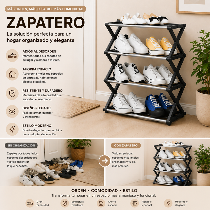 Mueble organizador de calzado con diseño rectangular para maximizar el espacio disponible.