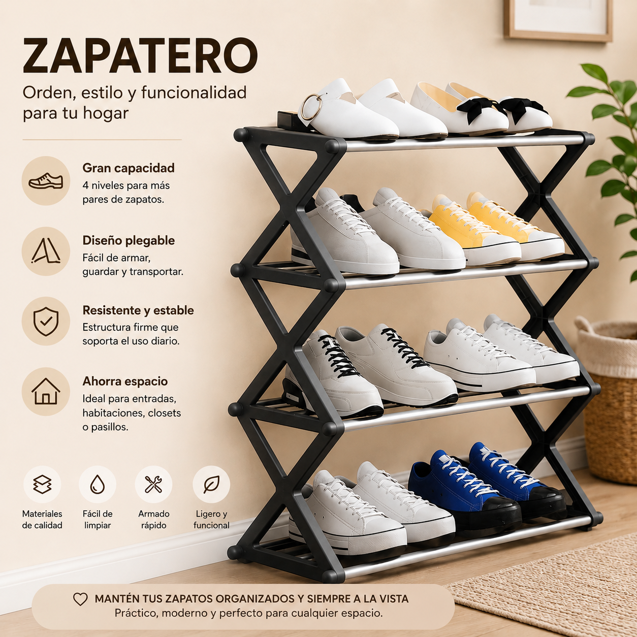 Mueble organizador de calzado con diseño rectangular para maximizar el espacio disponible.