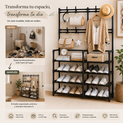 Perchero de entrada moderno con diseño funcional para mantener la ropa y zapatos ordenados y accesible.