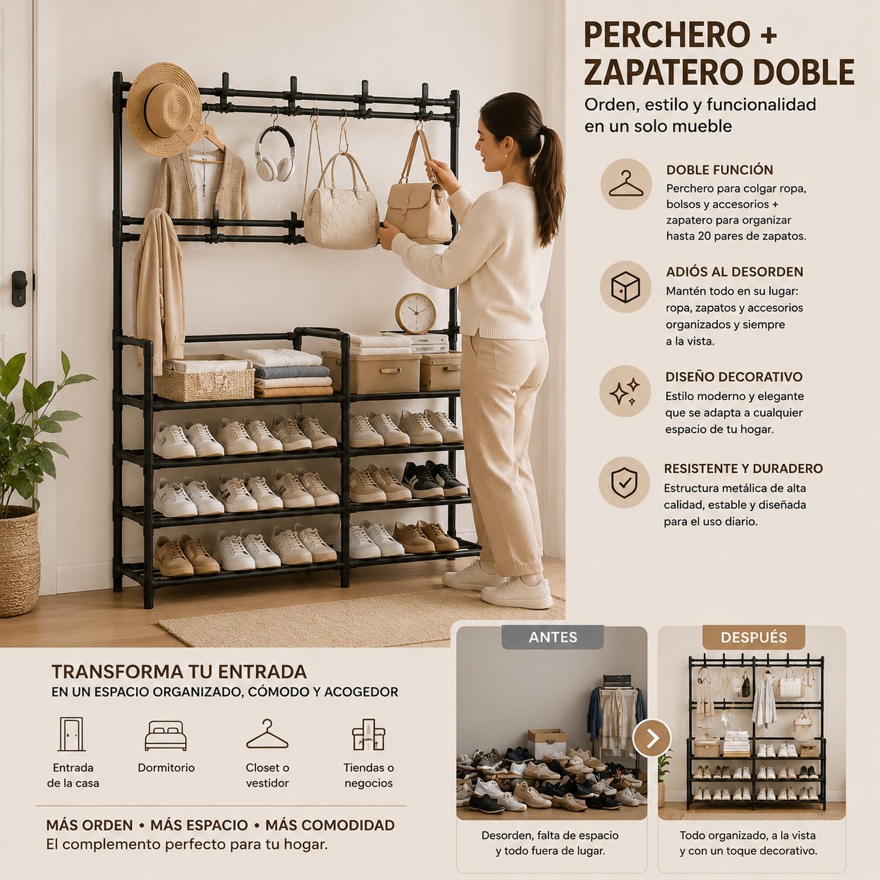 Perchero de entrada moderno con diseño funcional para mantener la ropa y zapatos ordenados y accesible.