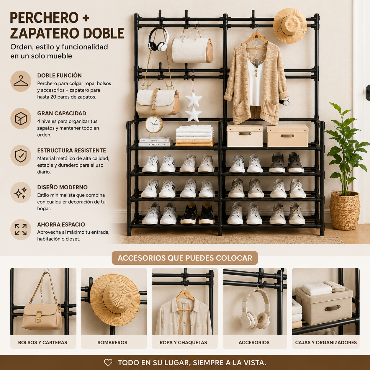 Perchero de entrada moderno con diseño funcional para mantener la ropa y zapatos ordenados y accesible.