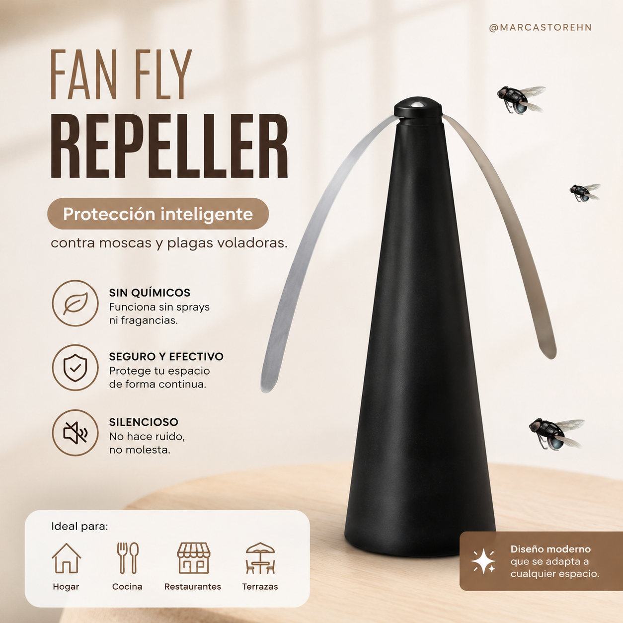 Repelente de moscas portátil diseñado para mantener alejados los insectos de alimentos y espacios del hogar, ideal para uso en interiores y exteriores.