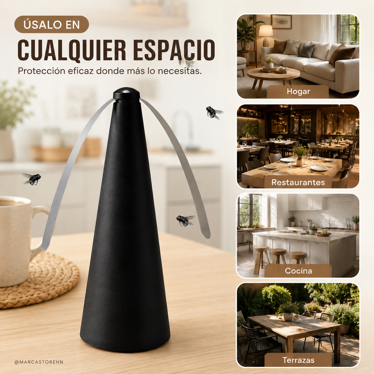 Repelente de moscas portátil diseñado para mantener alejados los insectos de alimentos y espacios del hogar, ideal para uso en interiores y exteriores.