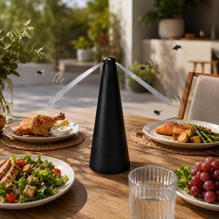 Repelente de moscas portátil diseñado para mantener alejados los insectos de alimentos y espacios del hogar, ideal para uso en interiores y exteriores.