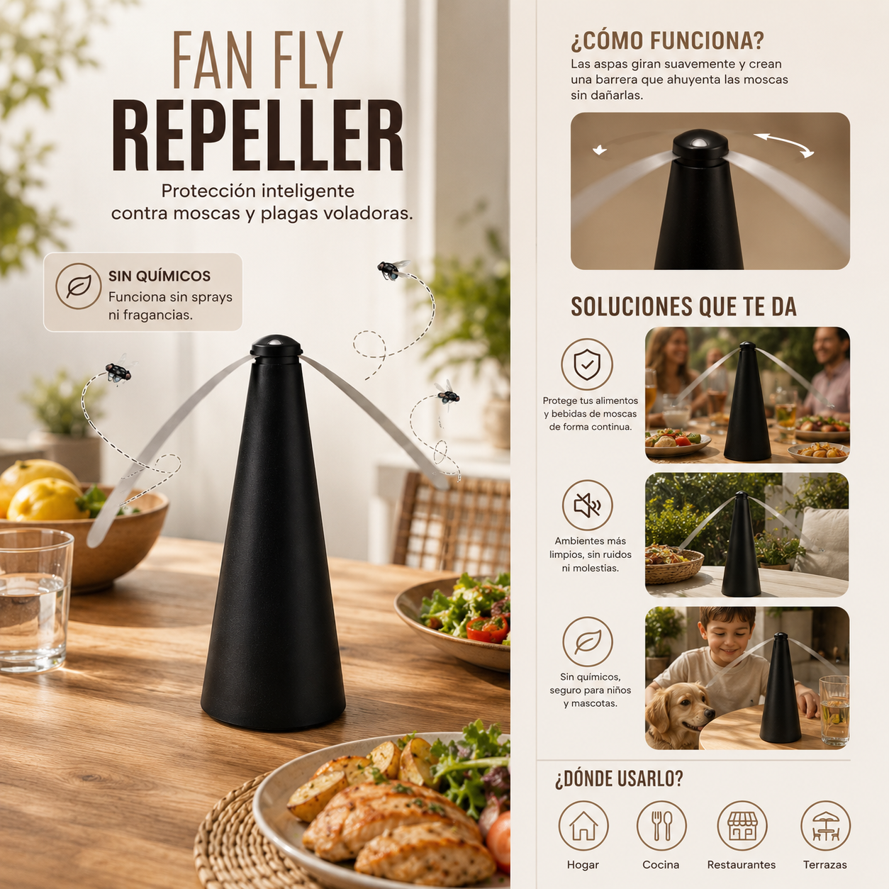 Repelente de moscas portátil diseñado para mantener alejados los insectos de alimentos y espacios del hogar, ideal para uso en interiores y exteriores.