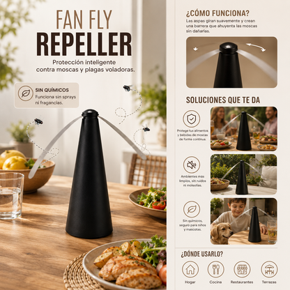 Repelente de moscas portátil diseñado para mantener alejados los insectos de alimentos y espacios del hogar, ideal para uso en interiores y exteriores.