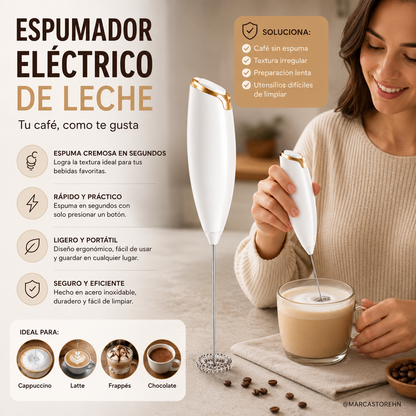 Espumador de leche portátil color blanco con varilla de acero inoxidable para preparar espuma en café, latte y capuchino.
