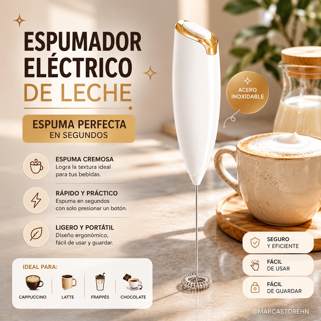 Espumador de leche portátil color blanco con varilla de acero inoxidable para preparar espuma en café, latte y capuchino.
