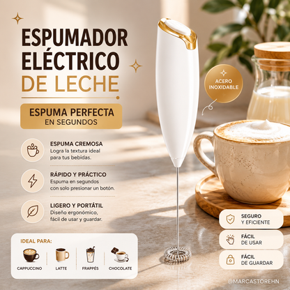 Espumador de leche portátil color blanco con varilla de acero inoxidable para preparar espuma en café, latte y capuchino.