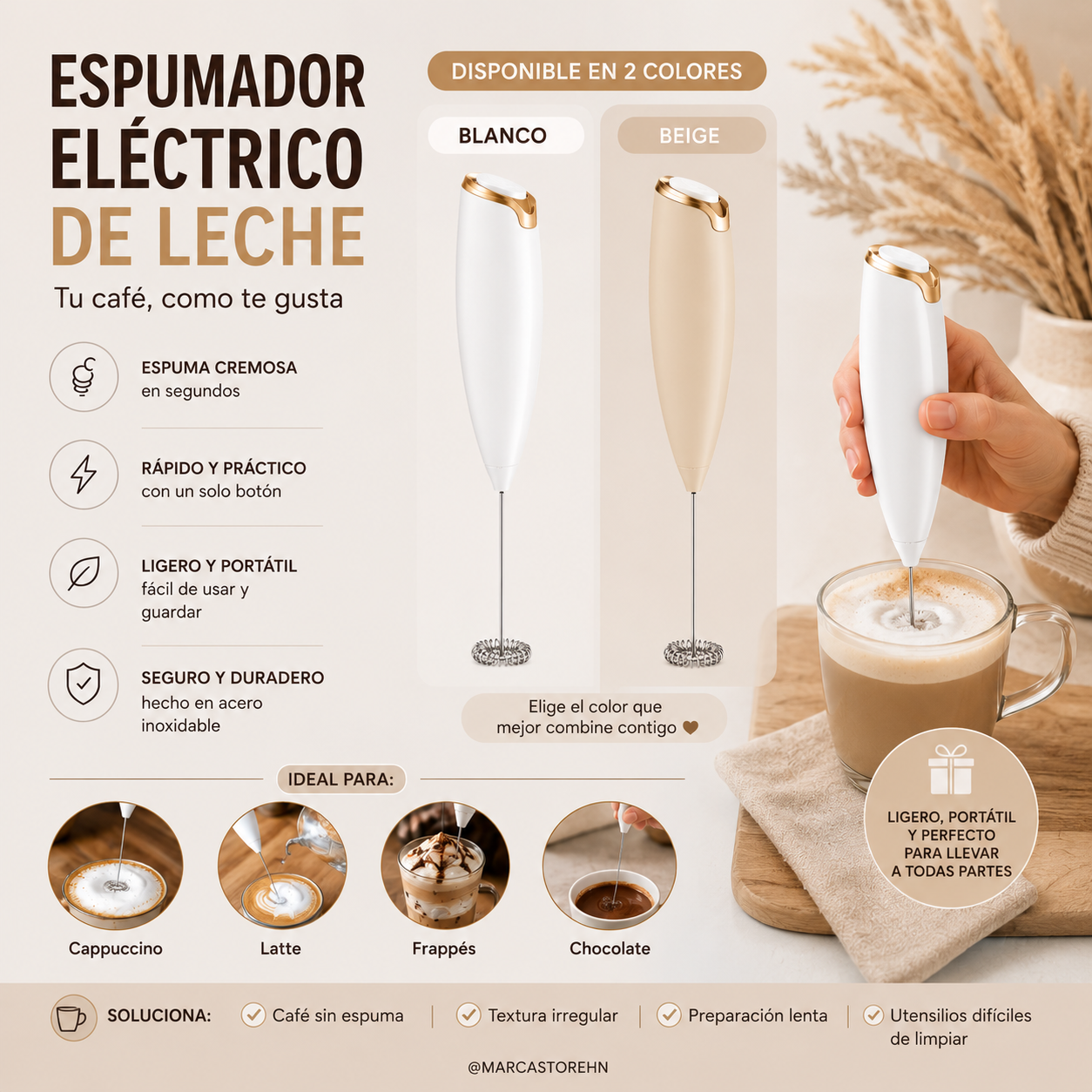 Espumador de leche portátil color blanco con varilla de acero inoxidable para preparar espuma en café, latte y capuchino.
