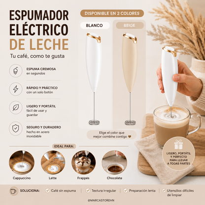 Espumador de leche portátil color blanco con varilla de acero inoxidable para preparar espuma en café, latte y capuchino.