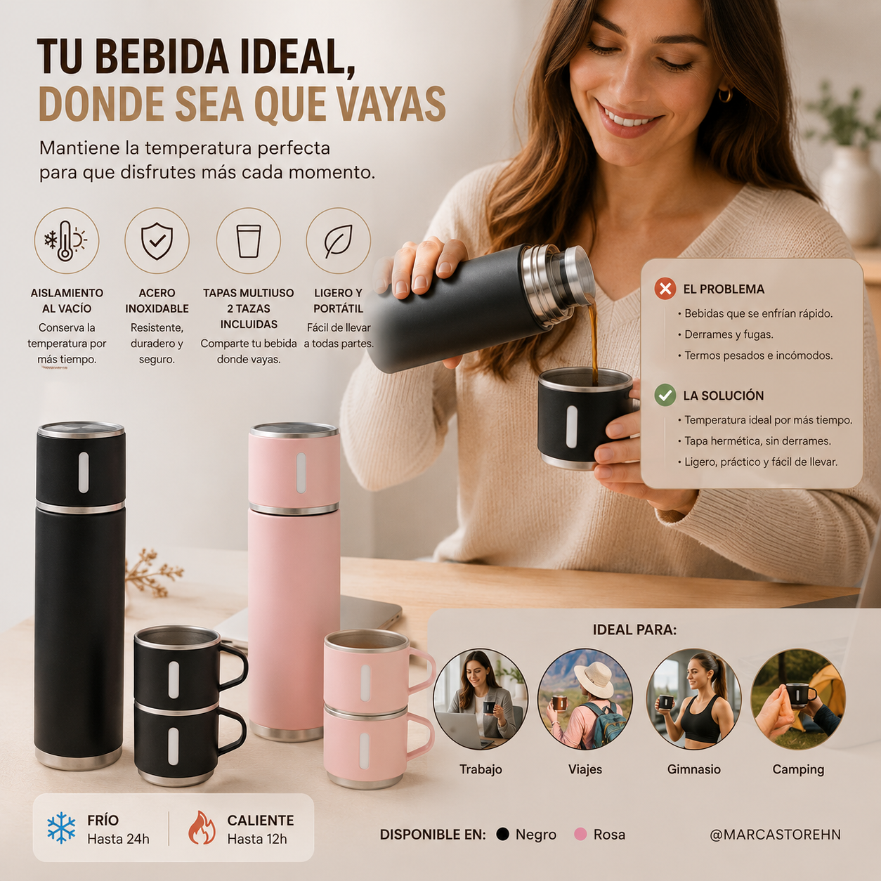 Termo de acero inoxidable con diseño moderno y elegante, ideal para mantener bebidas frías o calientes durante horas. Cuenta con tapa hermética antiderrames, estructura resistente, acabado premium y tamaño práctico para uso diario, oficina, gimnasio, viajes y actividades al aire libre.