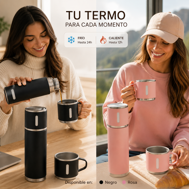 Termo de acero inoxidable con diseño moderno y elegante, ideal para mantener bebidas frías o calientes durante horas. Cuenta con tapa hermética antiderrames, estructura resistente, acabado premium y tamaño práctico para uso diario, oficina, gimnasio, viajes y actividades al aire libre.