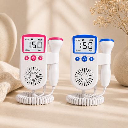 Monitor fetal portátil Doppler con pantalla LCD, sonda de 3.0 MHz y diseño ergonómico en color rosa para escuchar y visualizar la frecuencia cardíaca fetal durante el embarazo.
