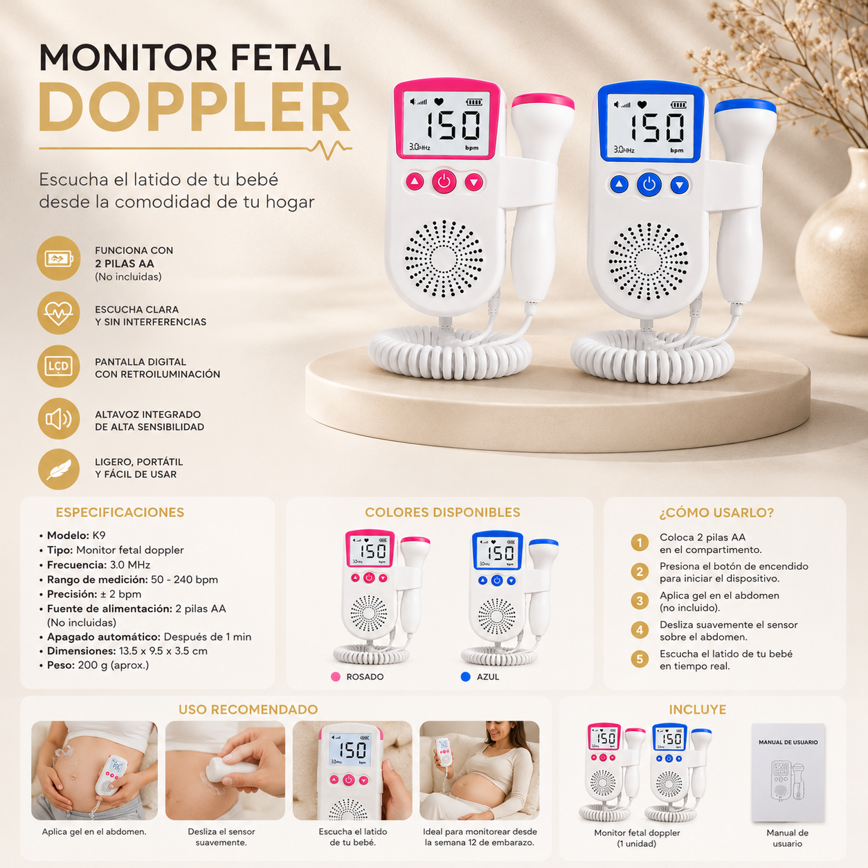 Monitor fetal portátil Doppler con pantalla LCD, sonda de 3.0 MHz y diseño ergonómico en color rosa para escuchar y visualizar la frecuencia cardíaca fetal durante el embarazo.