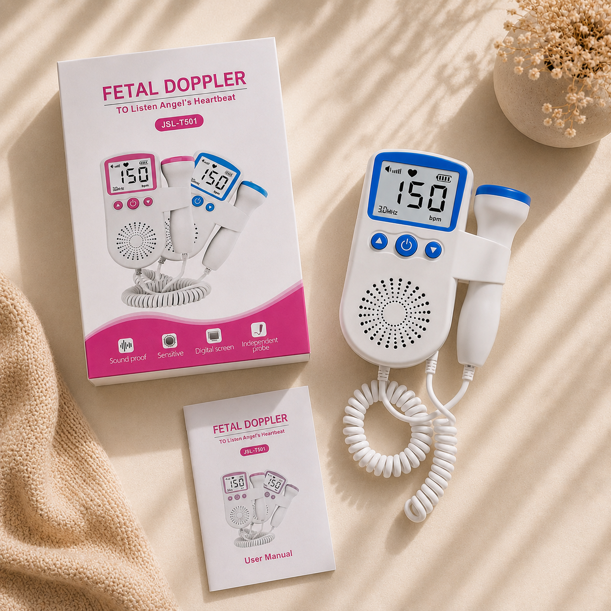 Monitor fetal portátil Doppler con pantalla LCD, sonda de 3.0 MHz y diseño ergonómico en color rosa para escuchar y visualizar la frecuencia cardíaca fetal durante el embarazo.