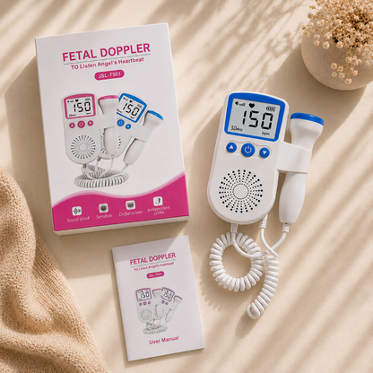 Monitor fetal portátil Doppler con pantalla LCD, sonda de 3.0 MHz y diseño ergonómico en color rosa para escuchar y visualizar la frecuencia cardíaca fetal durante el embarazo.