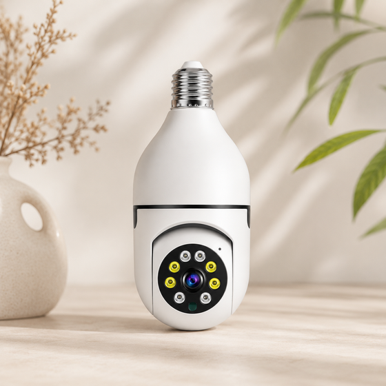 Cámara WiFi 360 tipo bombilla con visión nocturna, audio bidireccional, seguimiento humano y monitoreo remoto desde aplicación móvil.