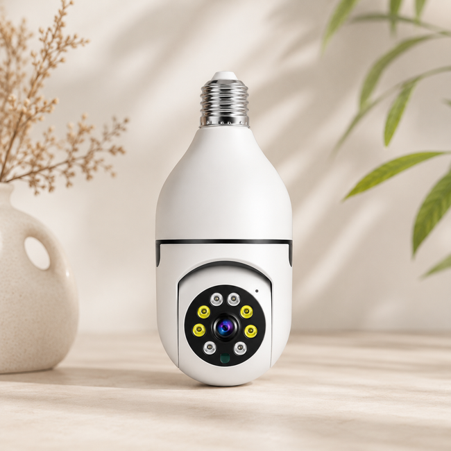 Cámara WiFi 360 tipo bombilla con visión nocturna, audio bidireccional, seguimiento humano y monitoreo remoto desde aplicación móvil.