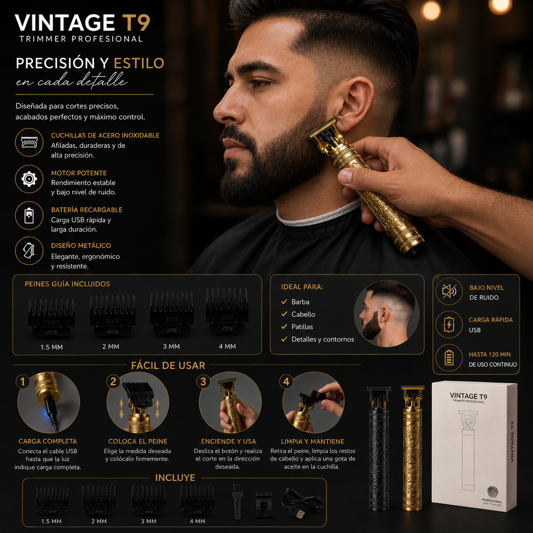 Afeitadora eléctrica multifuncional recargable con cabezal rotativo triple, cepillo facial, perfilador nasal y accesorios de precisión para el cuidado personal masculino.